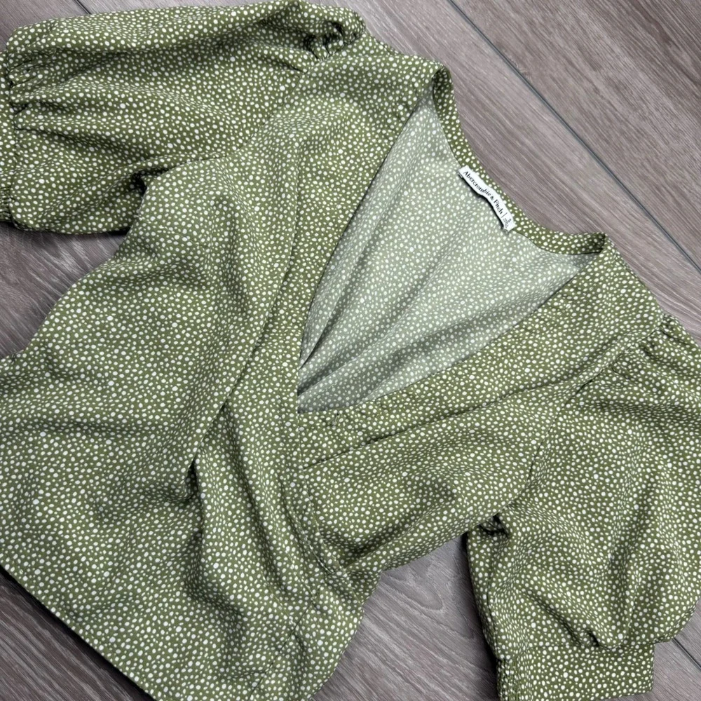 Abercrombie & Fitch Womens Wrap Top Puff Sleeve Polka Dot Green Small
